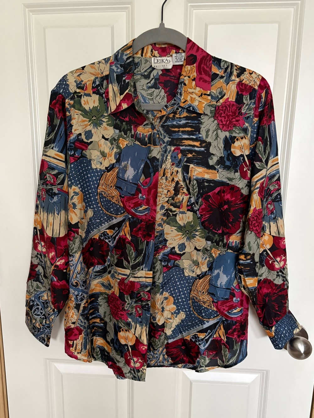 Erika Petites Multicolor Floral Silk Blouse